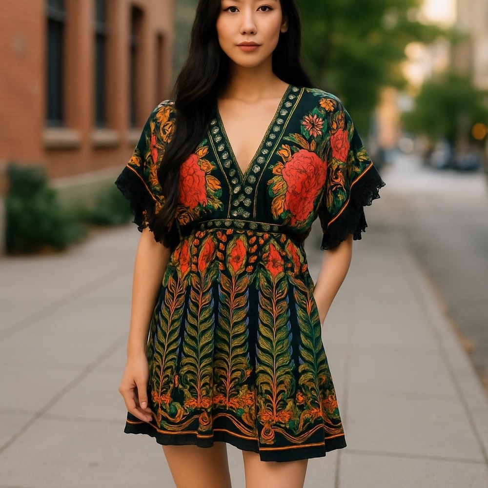 Farm Rio Dress Size M Fringe Sleeve
